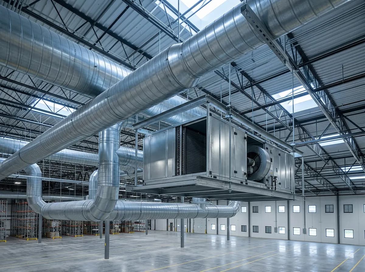 Conductos de ventilación de acero galvanizado y unidad de tratamiento de aire en una nave industrial