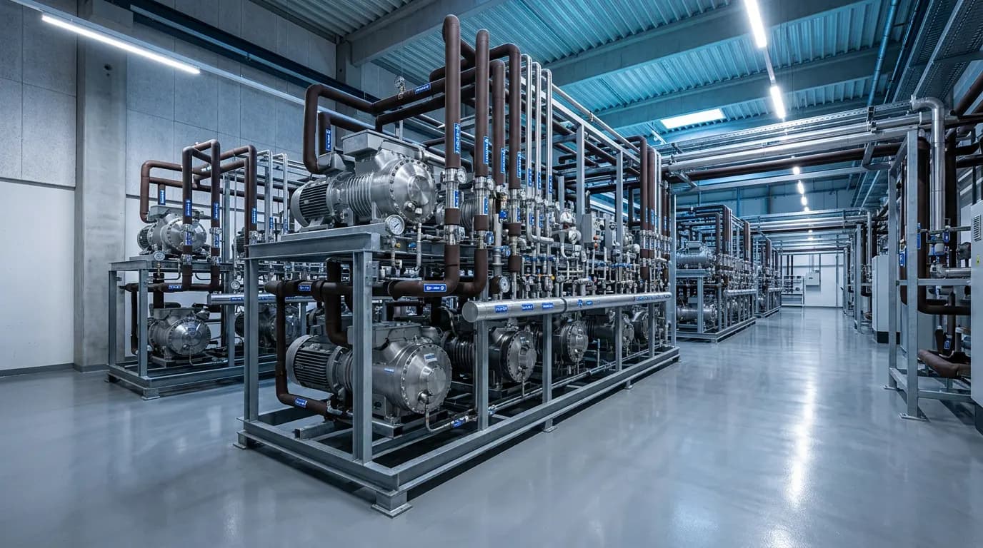 Sala de máquinas de una instalación de frío industrial con compresores y tuberías aisladas