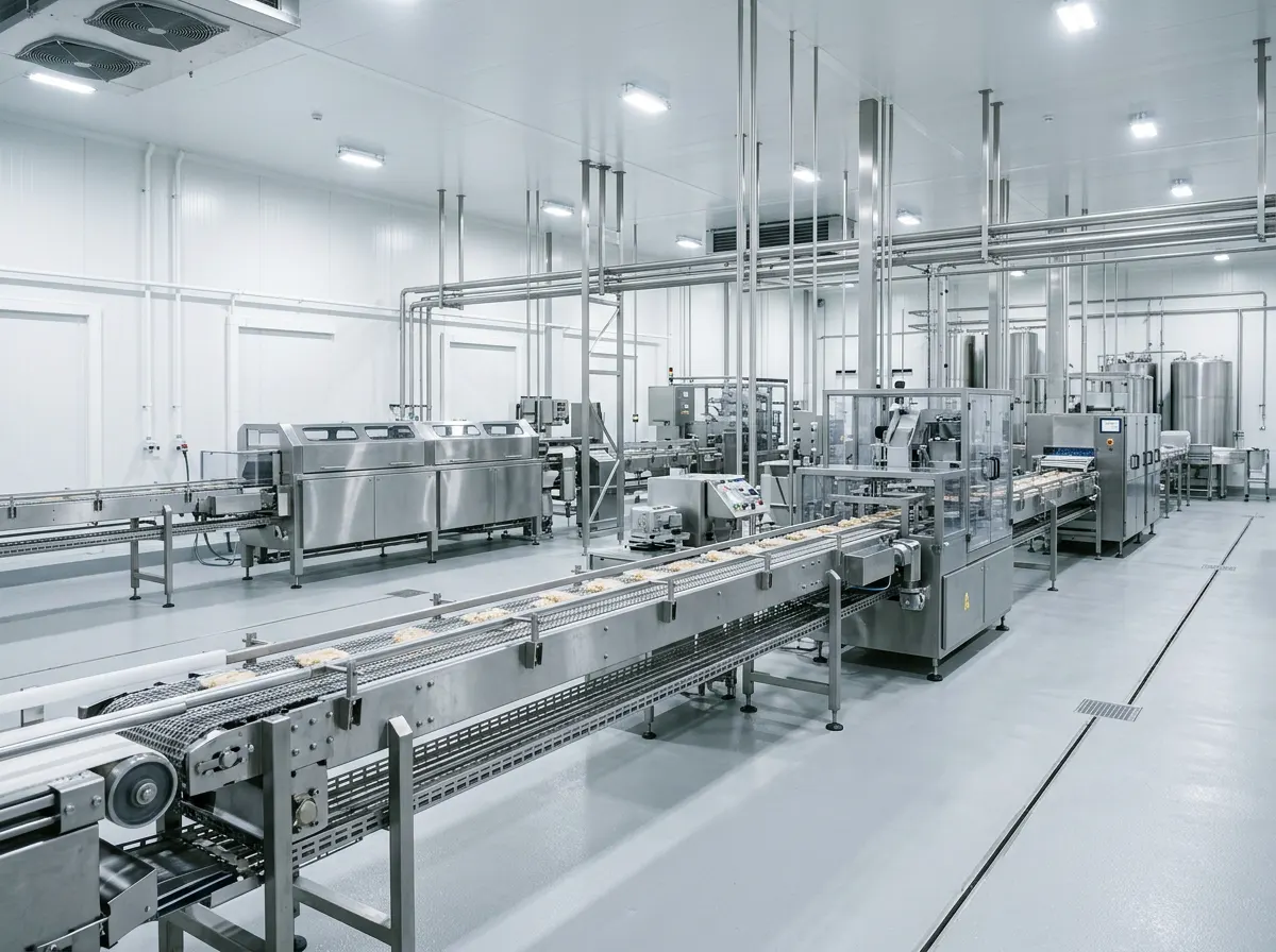 Línea de producción de acero inoxidable en una planta de procesado de alimentos