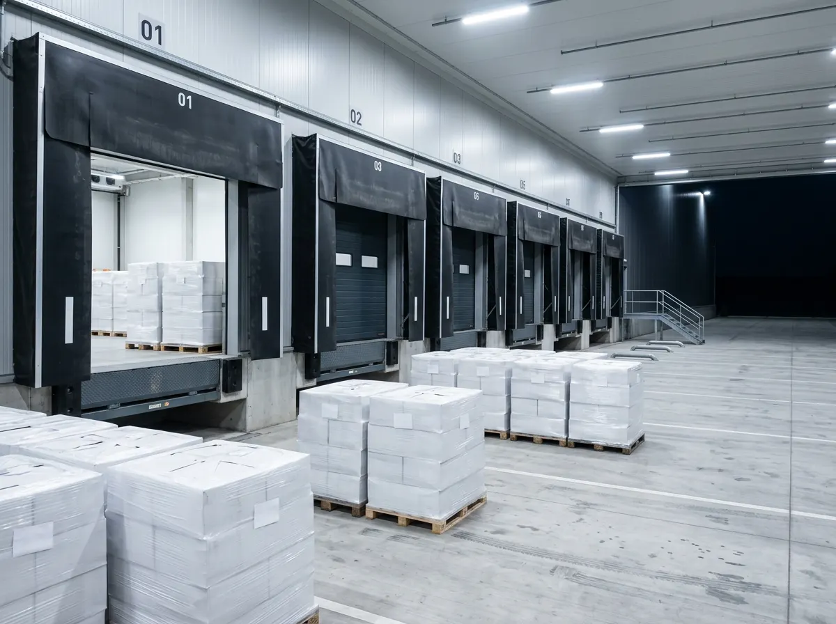 Muelles de carga de un almacén refrigerado con puertas seccionales aisladas y palés